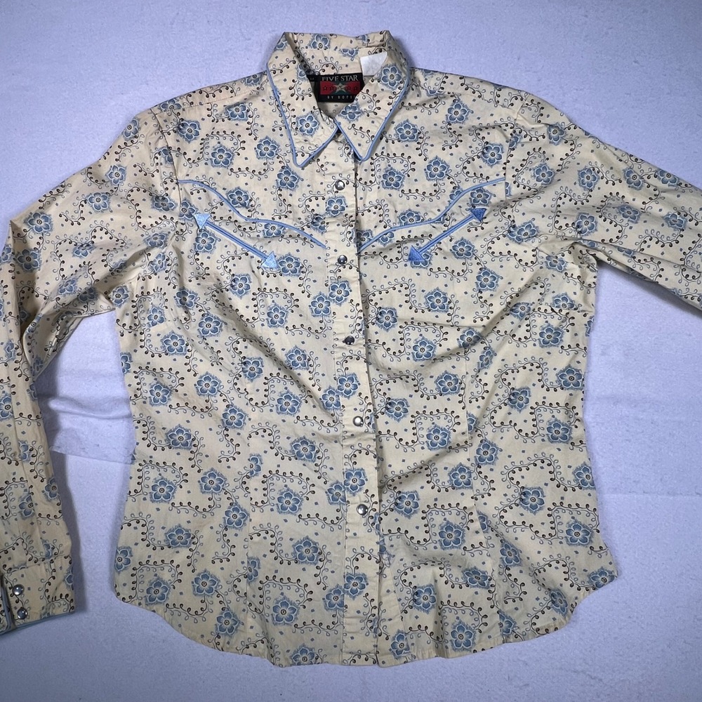 Five Star Roper Western Snap Shirt Womens Medium Cream Blue Floral Excellent